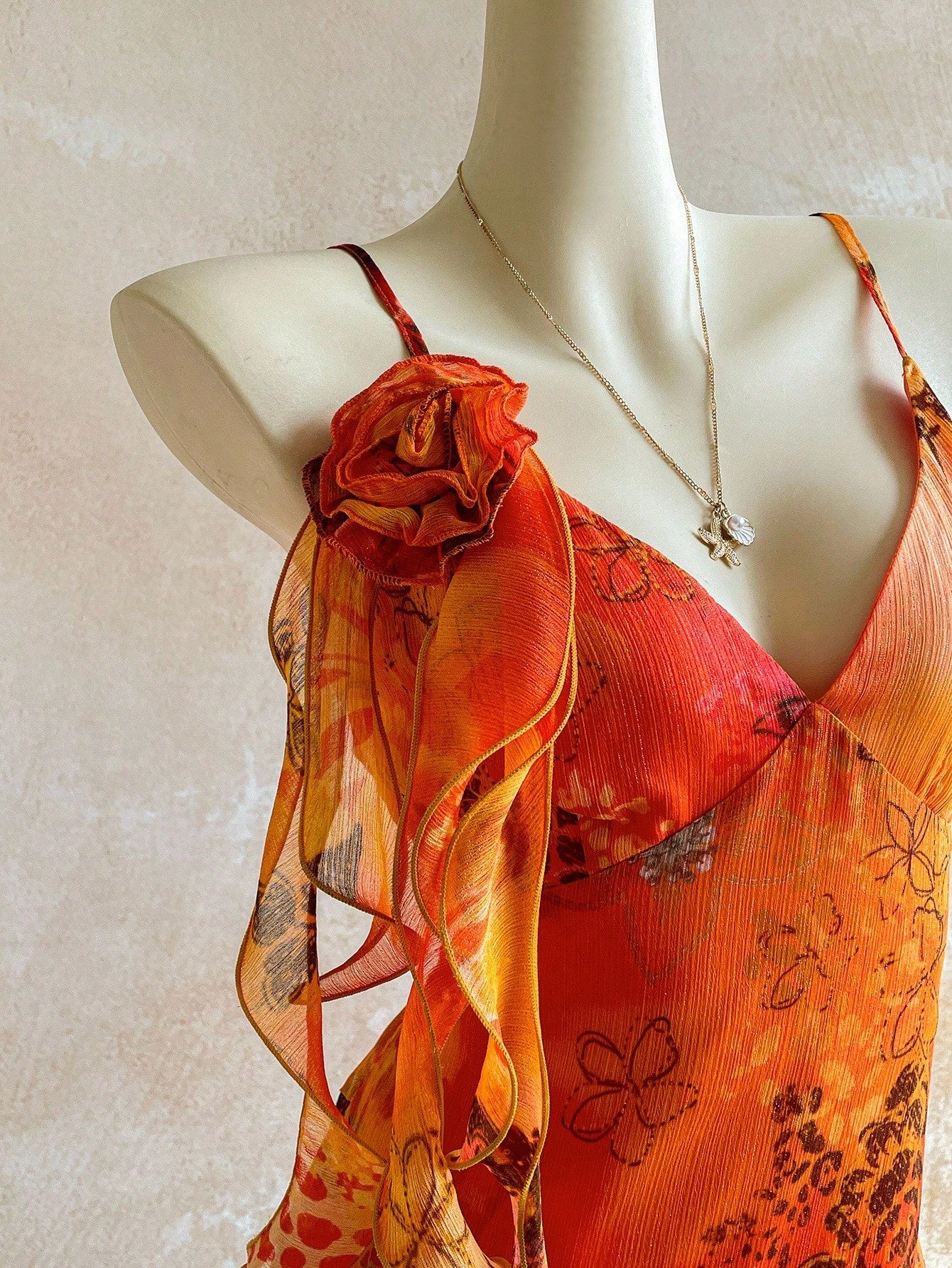 Soleia WYWH Vacation Retro Tropical Bohemian Animal Print Burnt Orange Jellyfish Frill Trim 3D Floral Shiny Chiffon Dress Vacation Beach Summer
