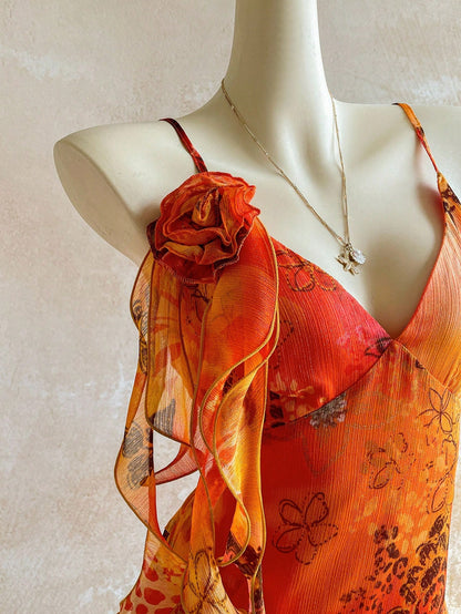 Soleia WYWH Vacation Retro Tropical Bohemian Animal Print Burnt Orange Jellyfish Frill Trim 3D Floral Shiny Chiffon Dress Vacation Beach Summer