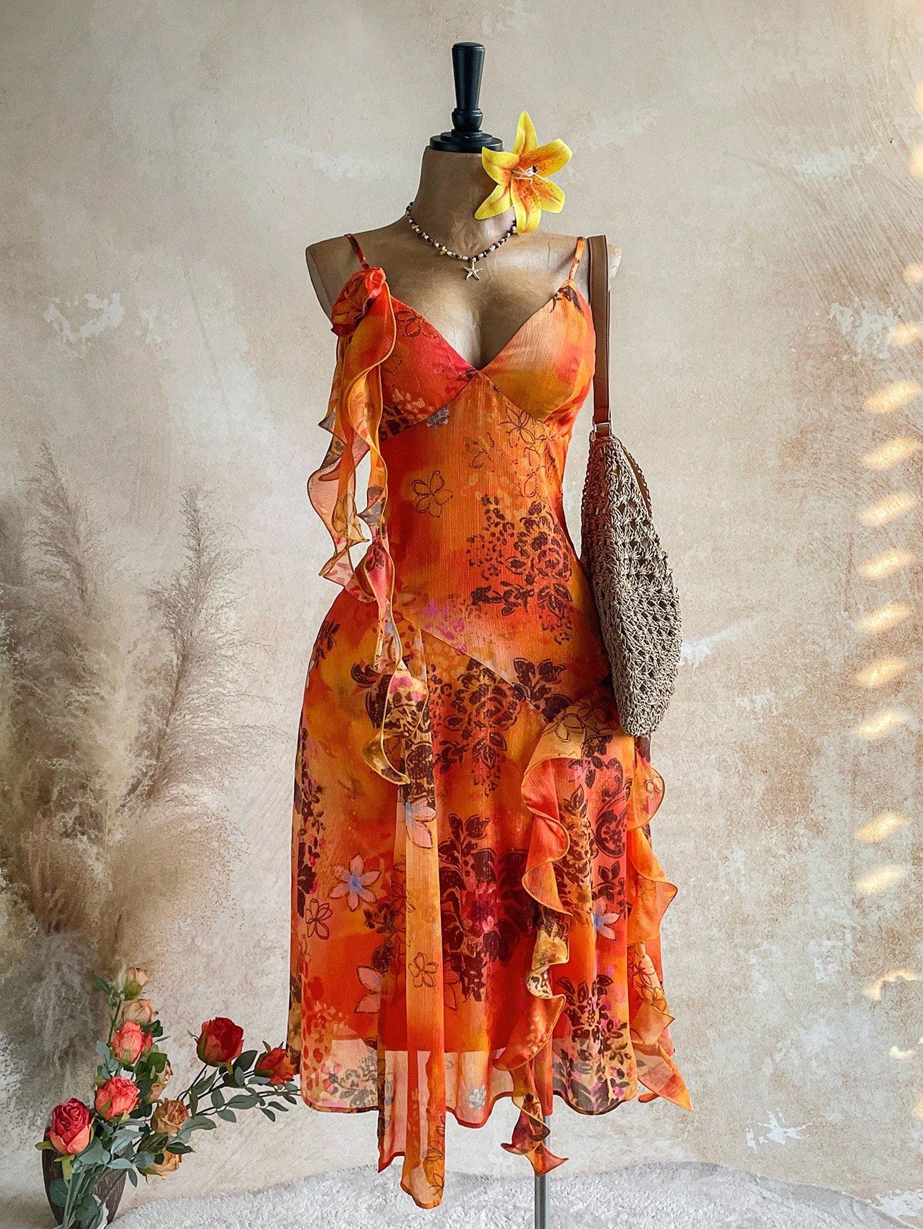 Soleia WYWH Vacation Retro Tropical Bohemian Animal Print Burnt Orange Jellyfish Frill Trim 3D Floral Shiny Chiffon Dress Vacation Beach Summer