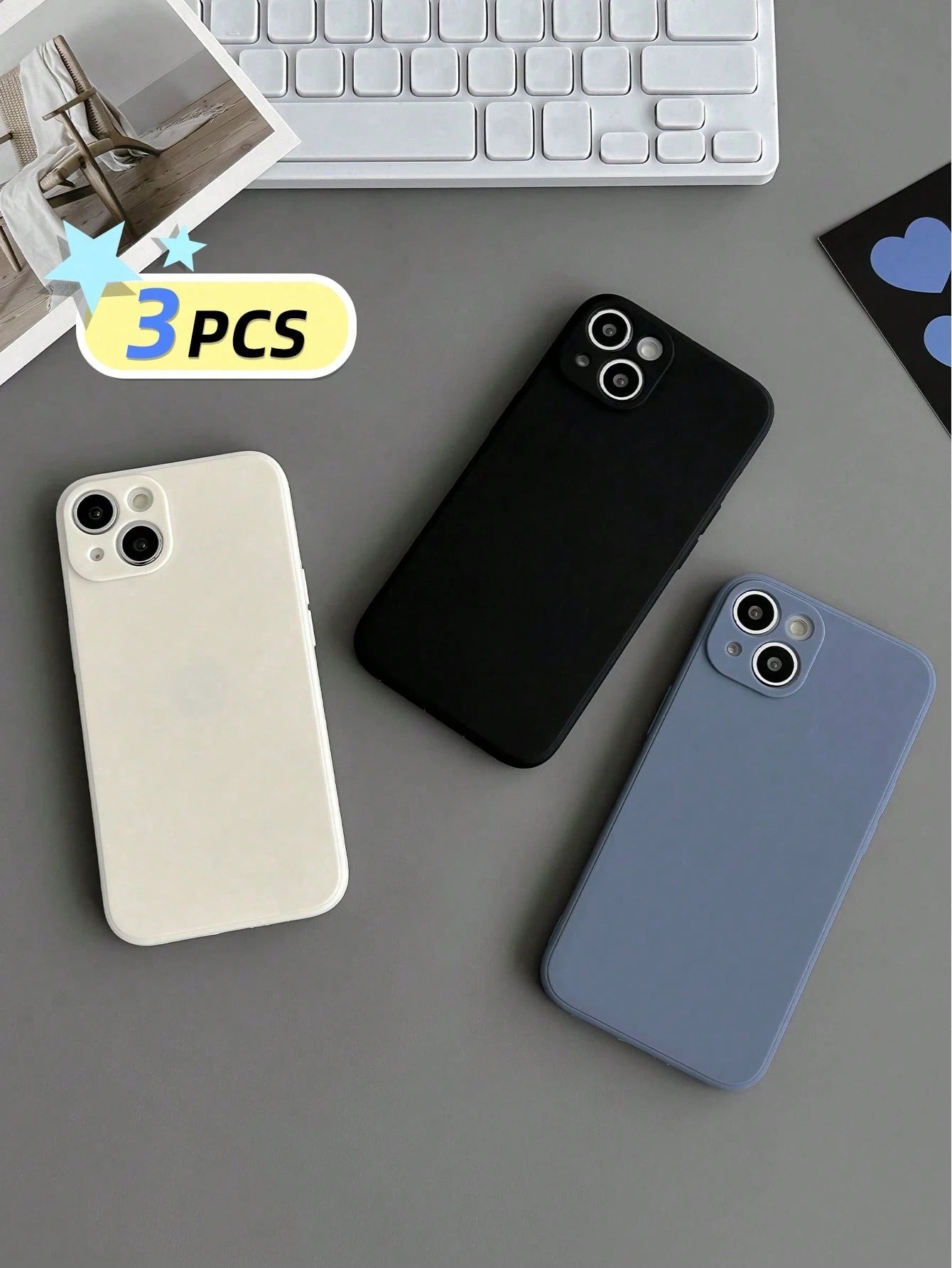 Solid Color Material Silicone Minimalist White Black Blue 3pcs Minimalist Solid Color Phone Cases Precise Holes Straight Edges Thick Anti-Drop Painted Phone Protective Covers International Version Spr