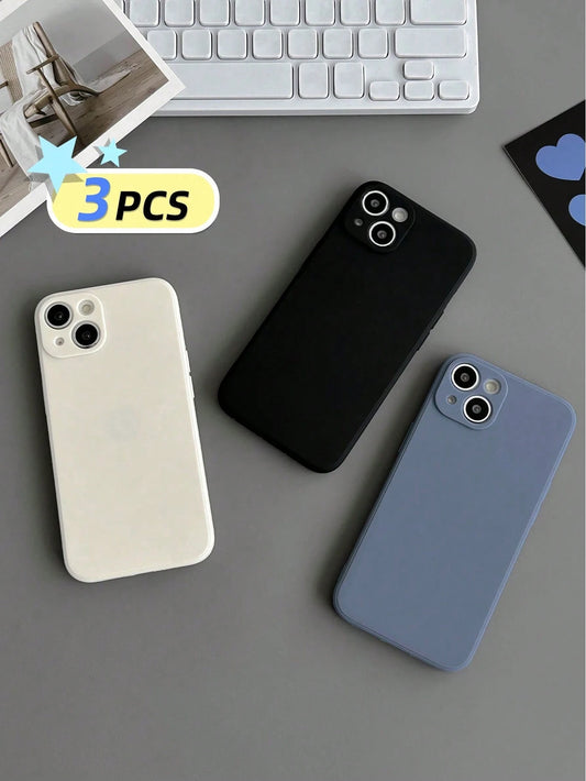 Solid Color Material Silicone Minimalist White Black Blue 3pcs Minimalist Solid Color Phone Cases Precise Holes Straight Edges Thick Anti-Drop Painted Phone Protective Covers International Version Spr