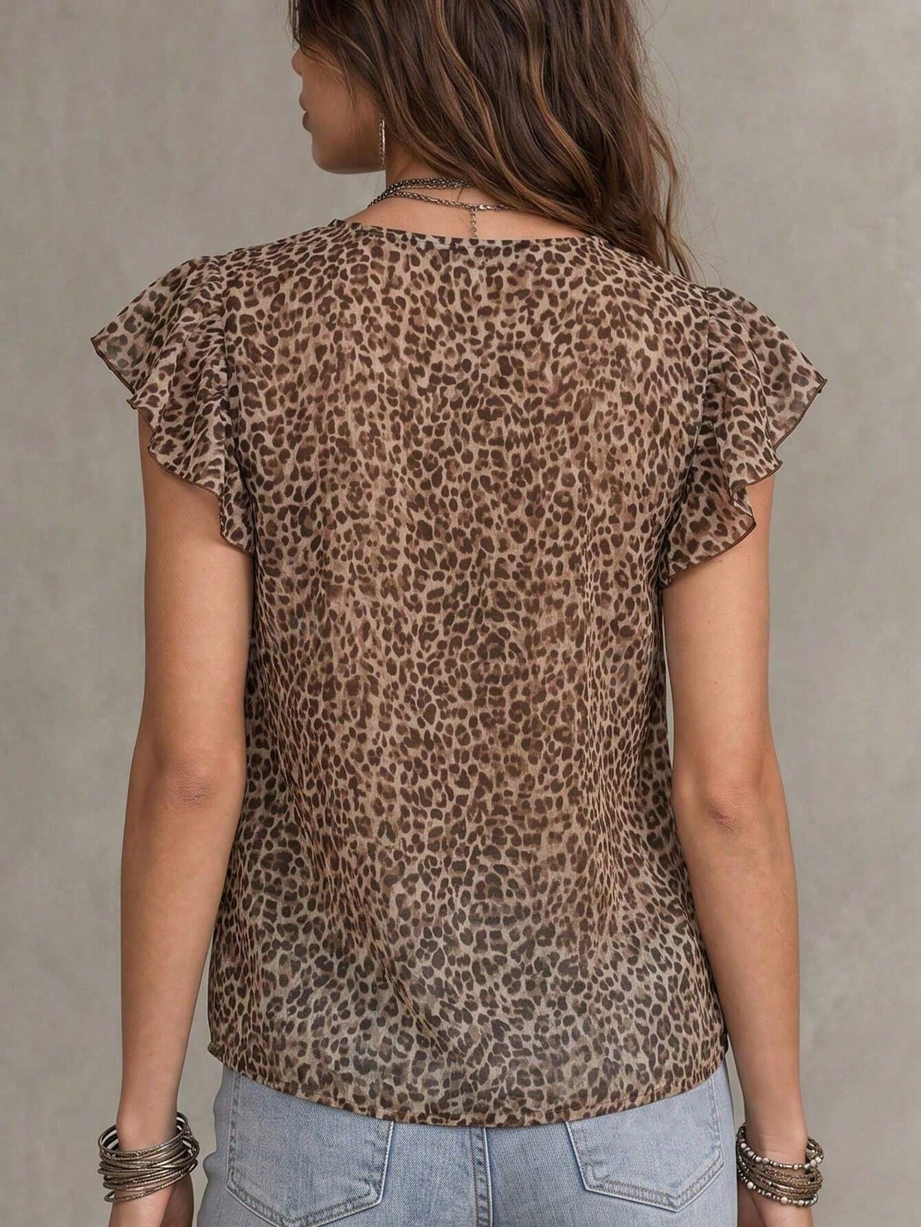 Solivie Women's Summer Fashion Leopard Print Ruffle Blouse Vacation Taupe Boho Vacation