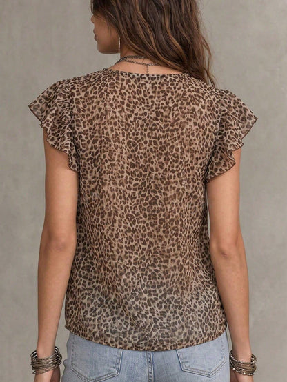 Solivie Women's Summer Fashion Leopard Print Ruffle Blouse Vacation Taupe Boho Vacation