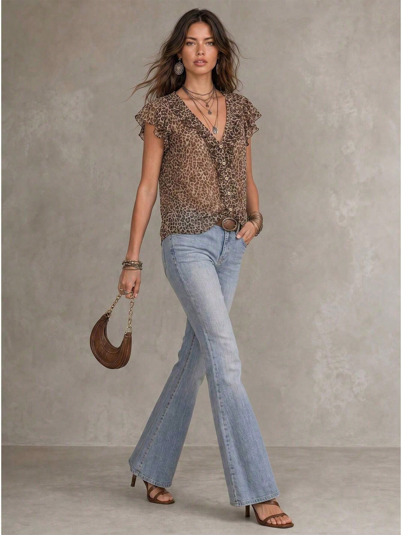 Solivie Women's Summer Fashion Leopard Print Ruffle Blouse Vacation Taupe Boho Vacation
