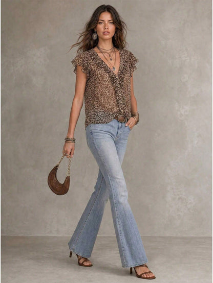 Solivie Women's Summer Fashion Leopard Print Ruffle Blouse Vacation Taupe Boho Vacation