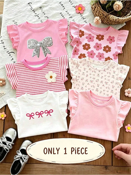 Souflis Souflis 1pc Random Bohemian Floral, Cute Pink Striped, 3D Bow Pattern, Young Girl Casual Minimalist Versatile Crew Neck T-Shirt, Suitable For Spring/Summer Daily Wear, Travel, Vacation