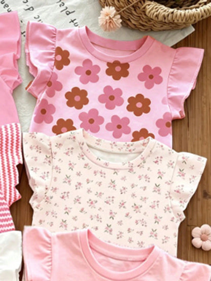 Souflis Souflis 1pc Random Bohemian Floral, Cute Pink Striped, 3D Bow Pattern, Young Girl Casual Minimalist Versatile Crew Neck T-Shirt, Suitable For Spring/Summer Daily Wear, Travel, Vacation