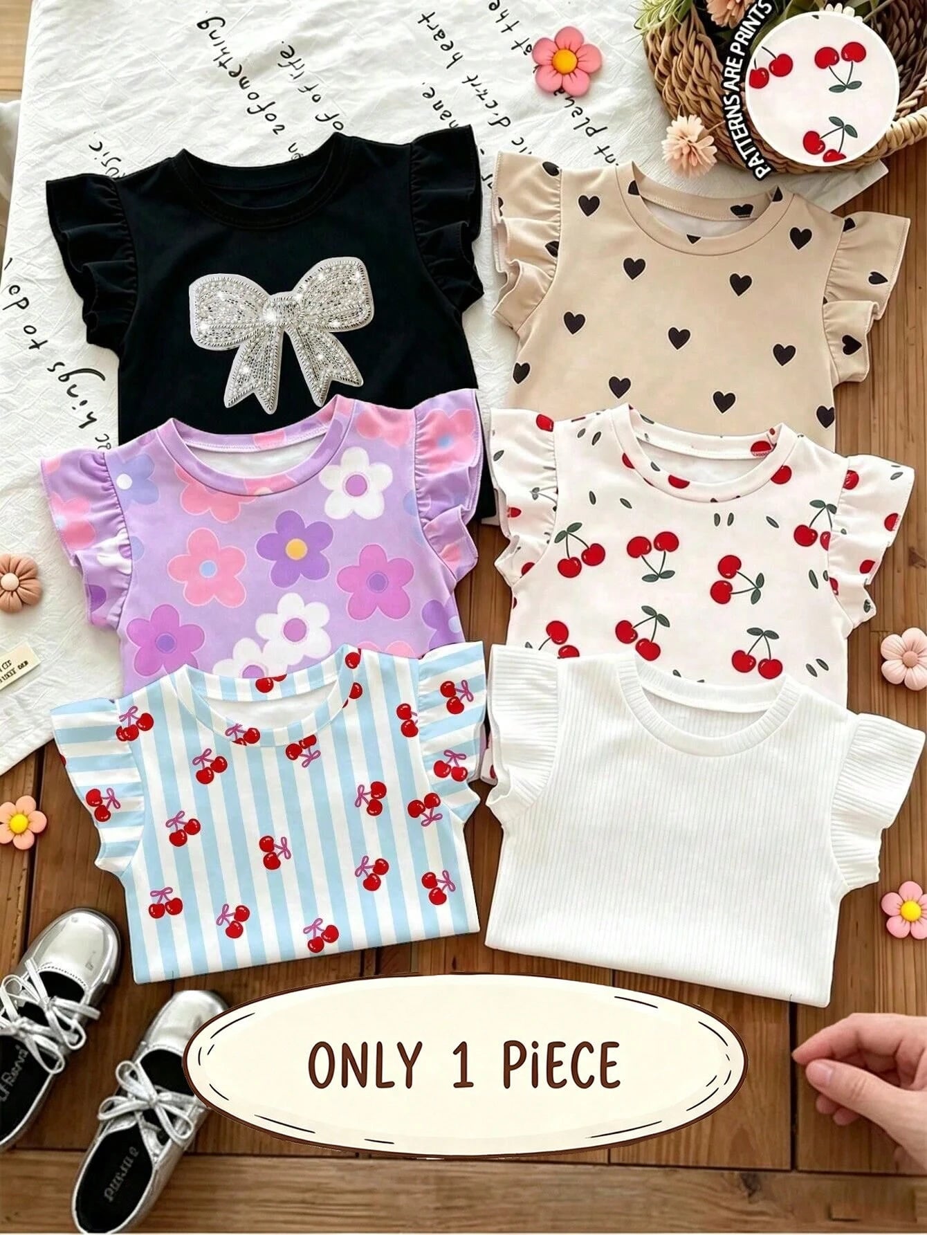Souflis Souflis 1pc Random Bohemian Floral, Cute Pink Striped, 3D Bow Pattern, Young Girl Casual Minimalist Versatile Crew Neck T-Shirt, Suitable For Spring/Summer Daily Wear, Travel, Vacation