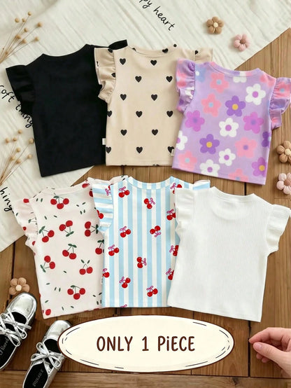 Souflis Souflis 1pc Random Bohemian Floral, Cute Pink Striped, 3D Bow Pattern, Young Girl Casual Minimalist Versatile Crew Neck T-Shirt, Suitable For Spring/Summer Daily Wear, Travel, Vacation
