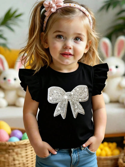 Souflis Souflis 1pc Random Bohemian Floral, Cute Pink Striped, 3D Bow Pattern, Young Girl Casual Minimalist Versatile Crew Neck T-Shirt, Suitable For Spring/Summer Daily Wear, Travel, Vacation
