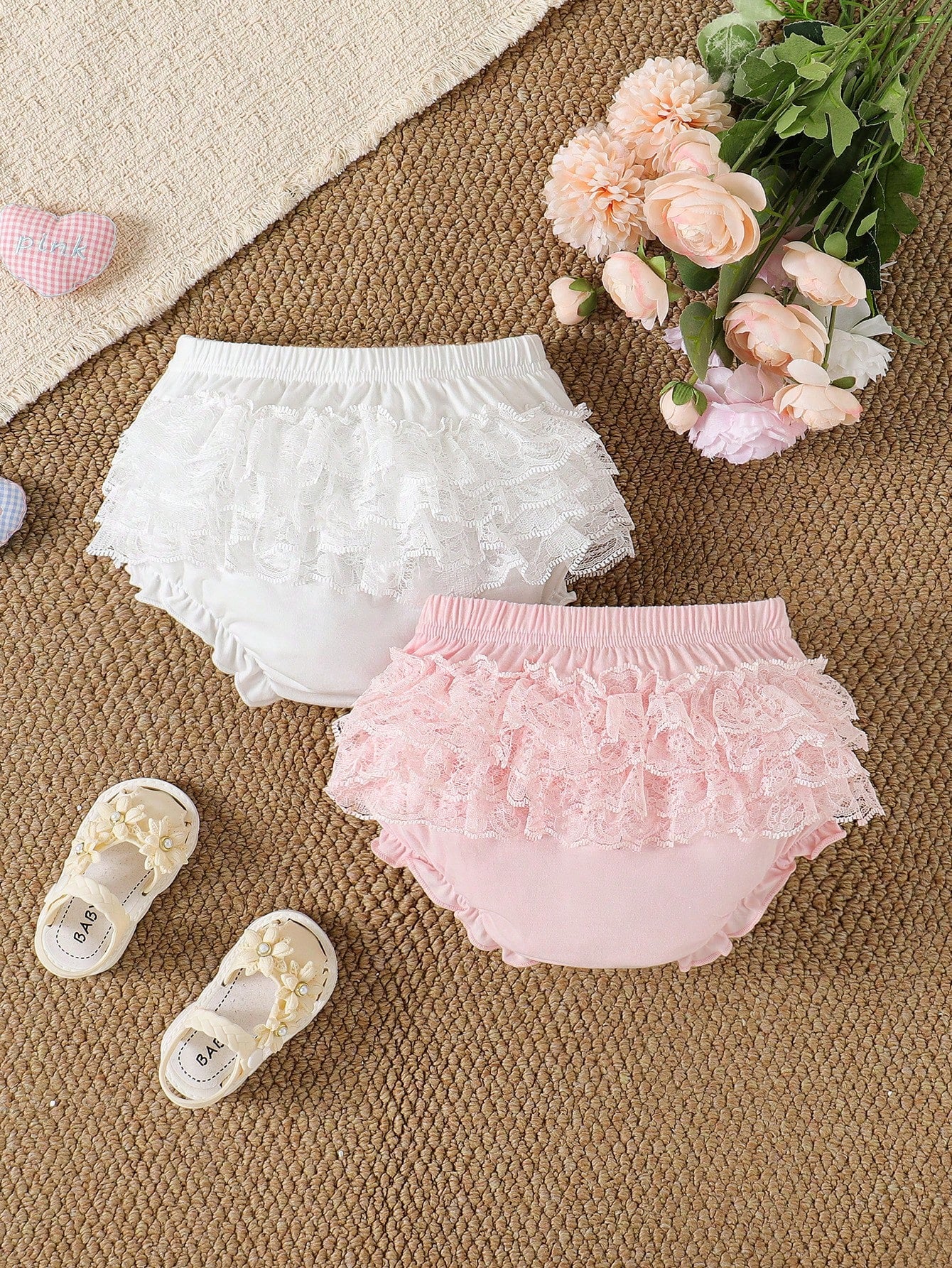 Souflis Souflis 2 Pack Baby Girl Clothes Cute Summer Pink And White Striped Lace Mesh Ruffle Bloomers Shorts Holiday Baby Shower Gift Bottoms