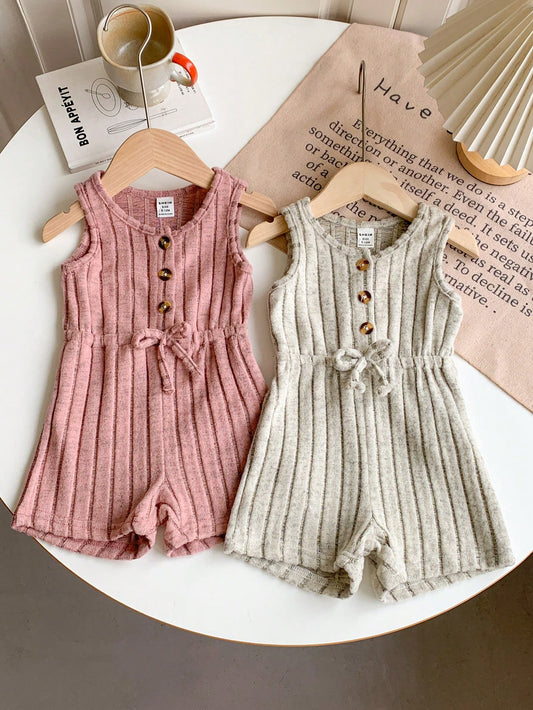 Souflis Souflis 2pcs Baby Girl 0-3 Years All-Match Versatile Casual Fuzzy Rib-Knit Cropped Vest & Shorts Set, Pink & Gray, For Daily Wear And Outings