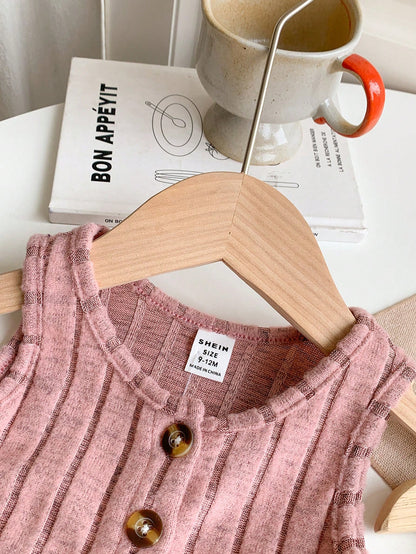 Souflis Souflis 2pcs Baby Girl 0-3 Years All-Match Versatile Casual Fuzzy Rib-Knit Cropped Vest & Shorts Set, Pink & Gray, For Daily Wear And Outings