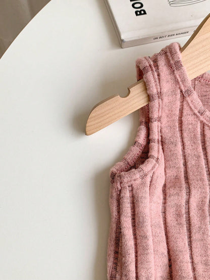 Souflis Souflis 2pcs Baby Girl 0-3 Years All-Match Versatile Casual Fuzzy Rib-Knit Cropped Vest & Shorts Set, Pink & Gray, For Daily Wear And Outings