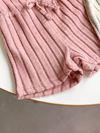 Souflis Souflis 2pcs Baby Girl 0-3 Years All-Match Versatile Casual Fuzzy Rib-Knit Cropped Vest & Shorts Set, Pink & Gray, For Daily Wear And Outings