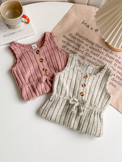Souflis Souflis 2pcs Baby Girl 0-3 Years All-Match Versatile Casual Fuzzy Rib-Knit Cropped Vest & Shorts Set, Pink & Gray, For Daily Wear And Outings