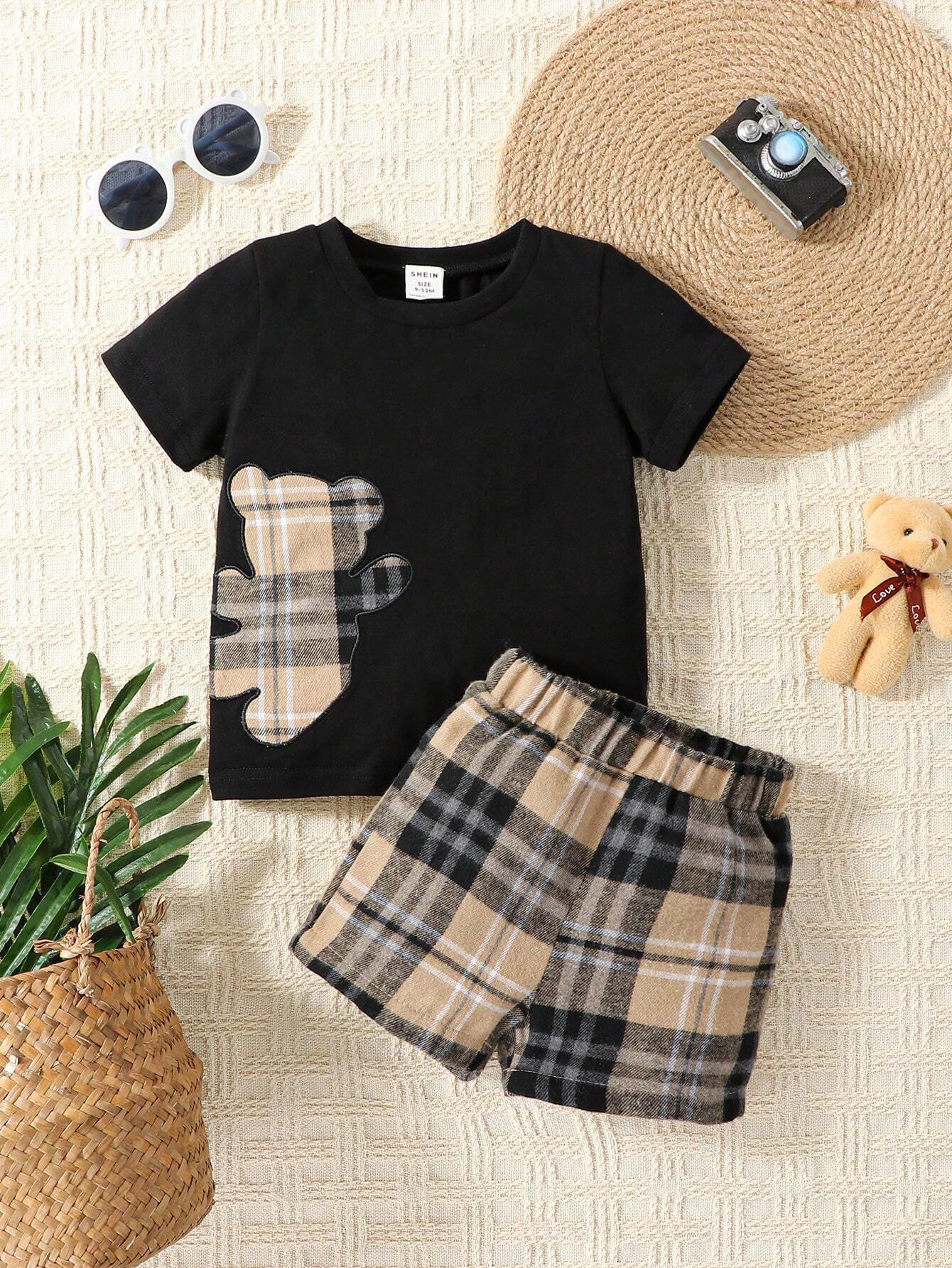 Souflis Souflis Baby Boy Bear Print Tee & Plaid Shorts, For Christmas