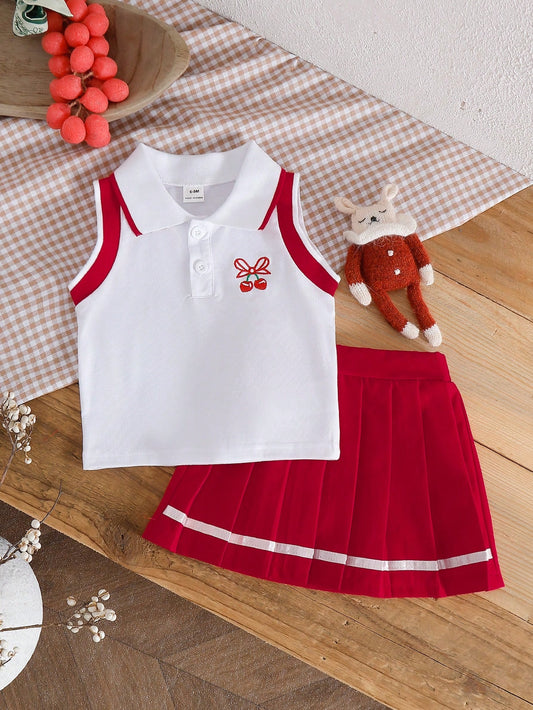 Souflis Souflis Baby Girl Bow & Cherry Print Polo Shirt And Pleated Mini Skirt Outfit, Fashionable Daily Wear
