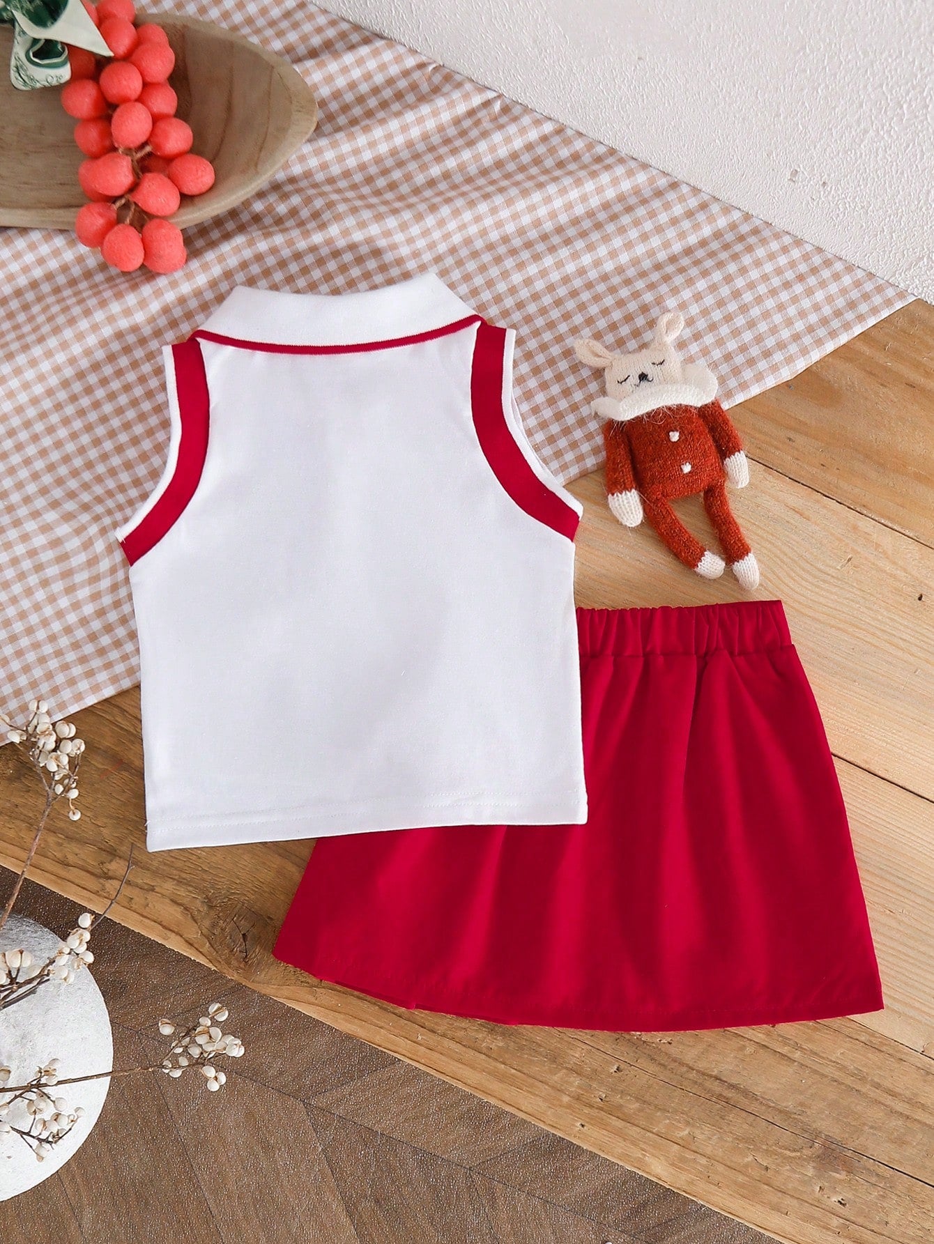 Souflis Souflis Baby Girl Bow & Cherry Print Polo Shirt And Pleated Mini Skirt Outfit, Fashionable Daily Wear