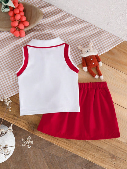 Souflis Souflis Baby Girl Bow & Cherry Print Polo Shirt And Pleated Mini Skirt Outfit, Fashionable Daily Wear