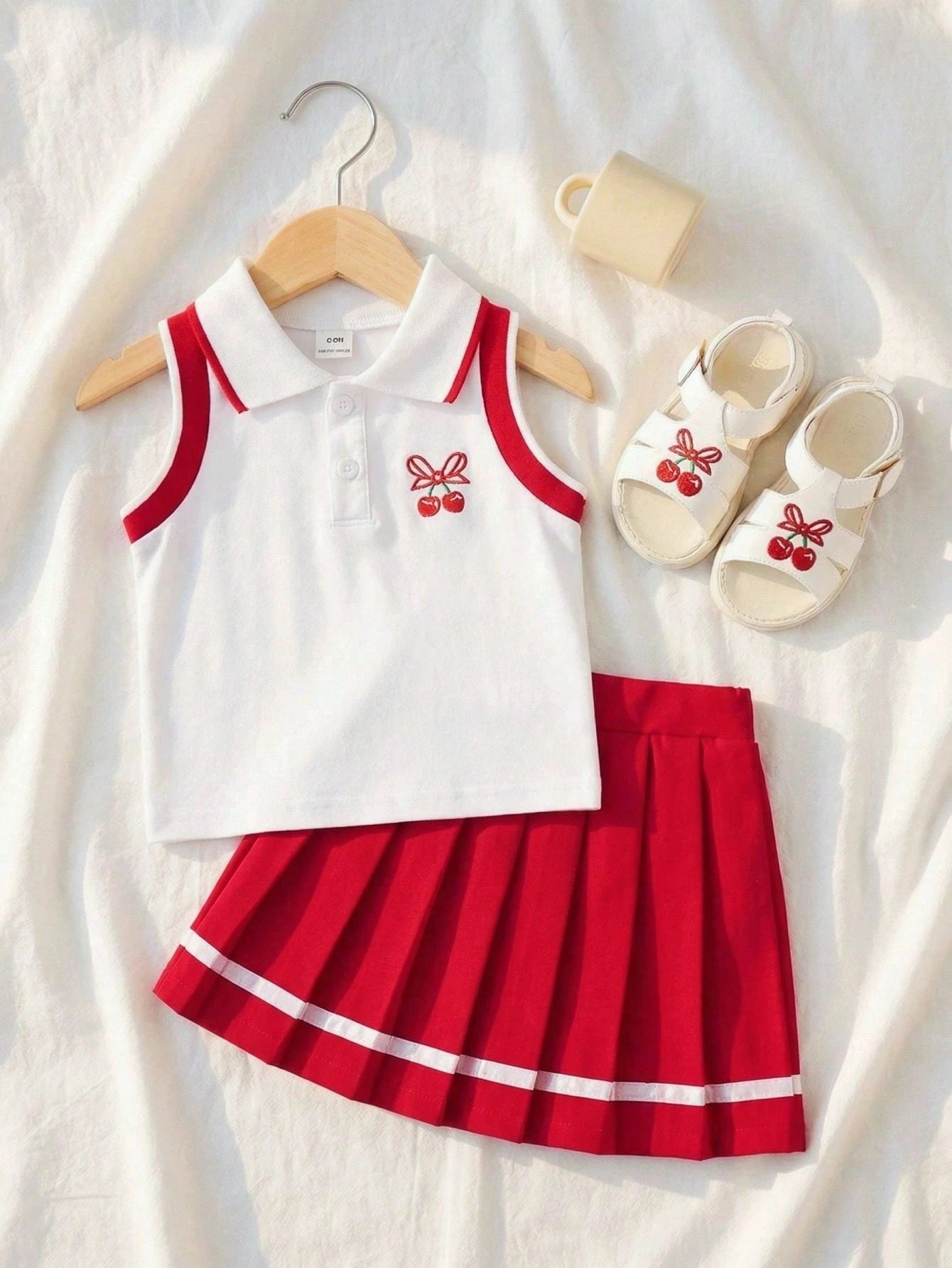 Souflis Souflis Baby Girl Bow & Cherry Print Polo Shirt And Pleated Mini Skirt Outfit, Fashionable Daily Wear