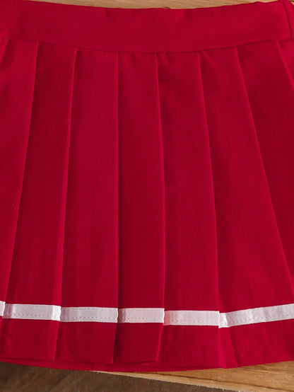 Souflis Souflis Baby Girl Bow & Cherry Print Polo Shirt And Pleated Mini Skirt Outfit, Fashionable Daily Wear
