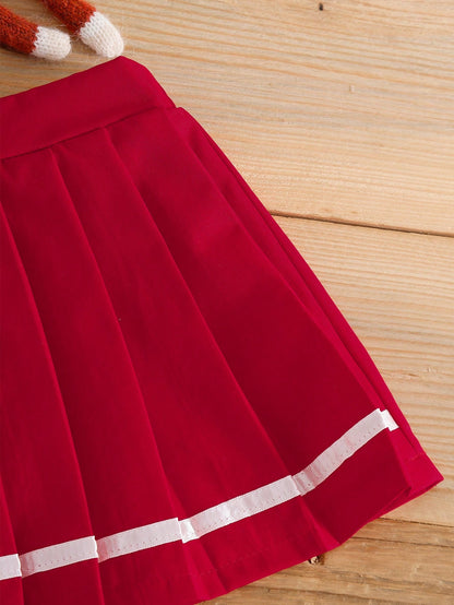 Souflis Souflis Baby Girl Bow & Cherry Print Polo Shirt And Pleated Mini Skirt Outfit, Fashionable Daily Wear