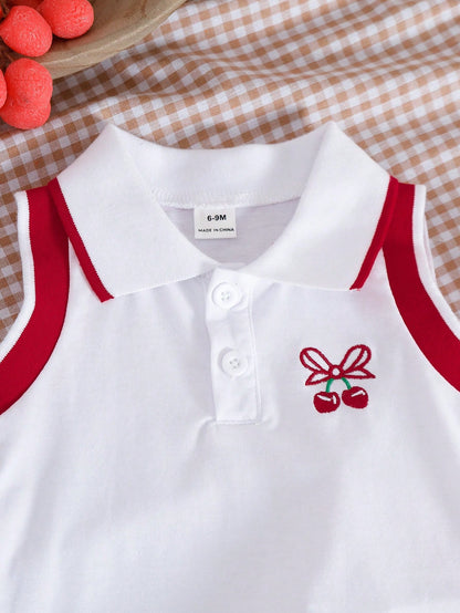Souflis Souflis Baby Girl Bow & Cherry Print Polo Shirt And Pleated Mini Skirt Outfit, Fashionable Daily Wear