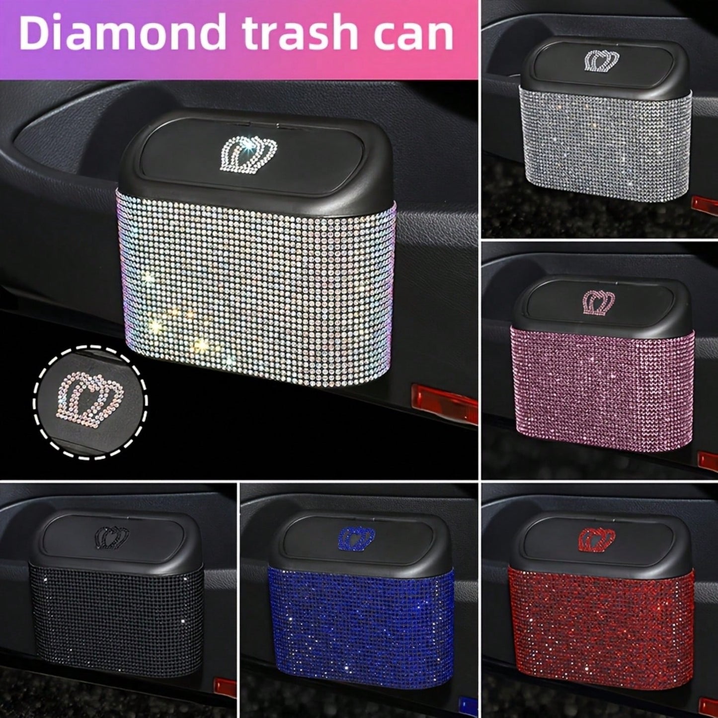 Sparkling Crystal Crown Car Trash Can, Sparkling Rhinestones Portable Mini Trash Can, Car, Office, Kitchen Seat Back Trash Basket, Universal Car Storage Accessory, Premium Car Decor Accessory, Ideal G