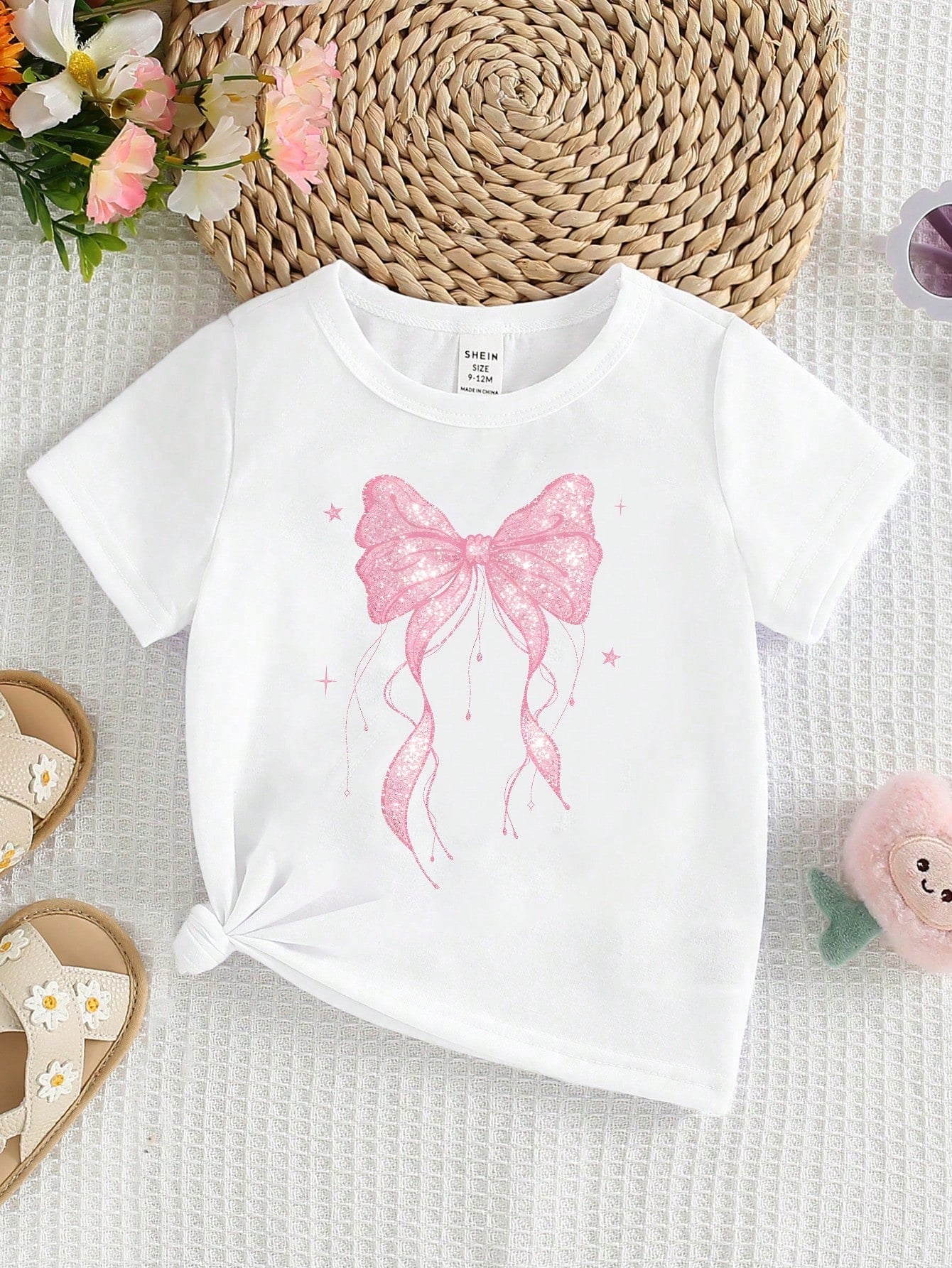 Spring And Summer Infant Girls Casual Fashion Creative Personalized Refreshing Simple Cute Kawaii Cartoon Pink Bow Love Pattern Print Casual Style Basic Short T-Shirt Comfortable Daily Wear Cozy Summe