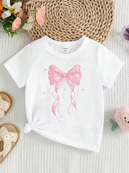 Spring And Summer Infant Girls Casual Fashion Creative Personalized Refreshing Simple Cute Kawaii Cartoon Pink Bow Love Pattern Print Casual Style Basic Short T-Shirt Comfortable Daily Wear Cozy Summe
