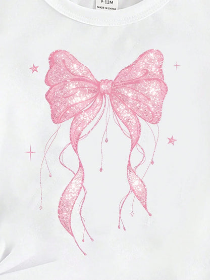 Spring And Summer Infant Girls Casual Fashion Creative Personalized Refreshing Simple Cute Kawaii Cartoon Pink Bow Love Pattern Print Casual Style Basic Short T-Shirt Comfortable Daily Wear Cozy Summe