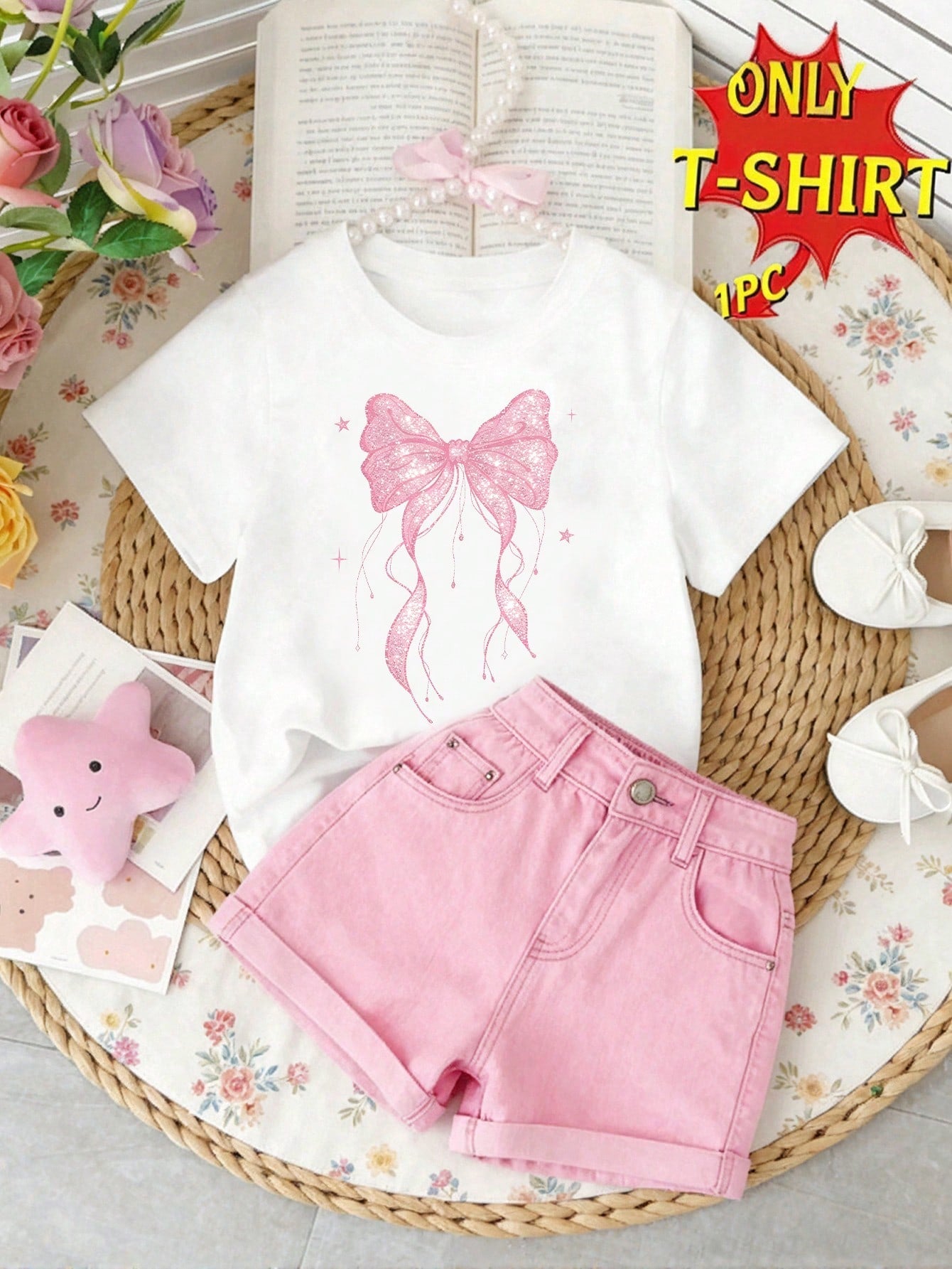 Spring And Summer Infant Girls Casual Fashion Creative Personalized Refreshing Simple Cute Kawaii Cartoon Pink Bow Love Pattern Print Casual Style Basic Short T-Shirt Comfortable Daily Wear Cozy Summe
