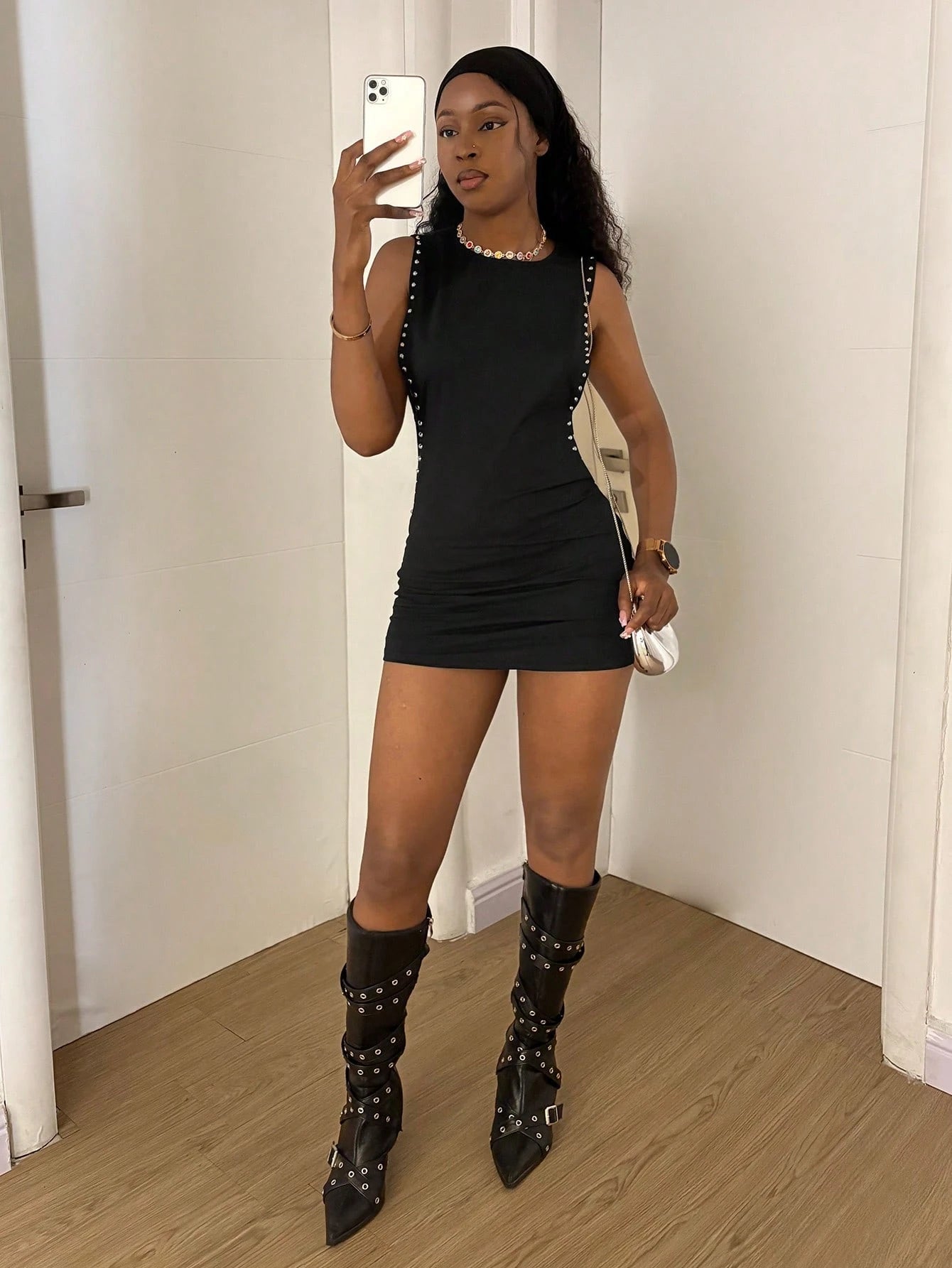 StreetHx Women's Studded Round Neck Sleeveless Cutout Waist Bodycon Dress