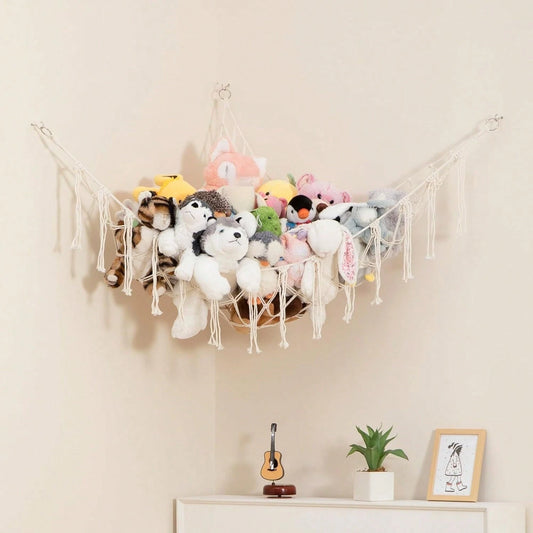 Stuffed Animal Storage Macrame Hammock, Large- Boho Room Decor Toy Storage- Corner Hanging Plushie Stuffed Animal Net Organizer