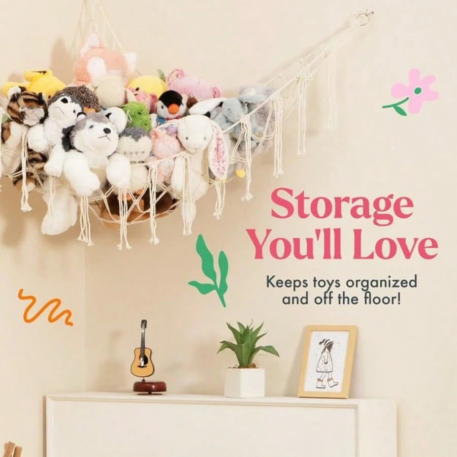 Stuffed Animal Storage Macrame Hammock, Large- Boho Room Decor Toy Storage- Corner Hanging Plushie Stuffed Animal Net Organizer
