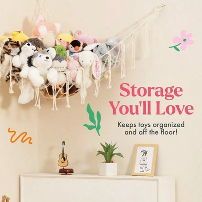 Stuffed Animal Storage Macrame Hammock, Large- Boho Room Decor Toy Storage- Corner Hanging Plushie Stuffed Animal Net Organizer