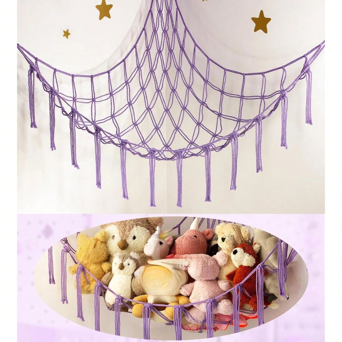 Stuffed Animal Storage Macrame Hammock, Large- Boho Room Decor Toy Storage- Corner Hanging Plushie Stuffed Animal Net Organizer