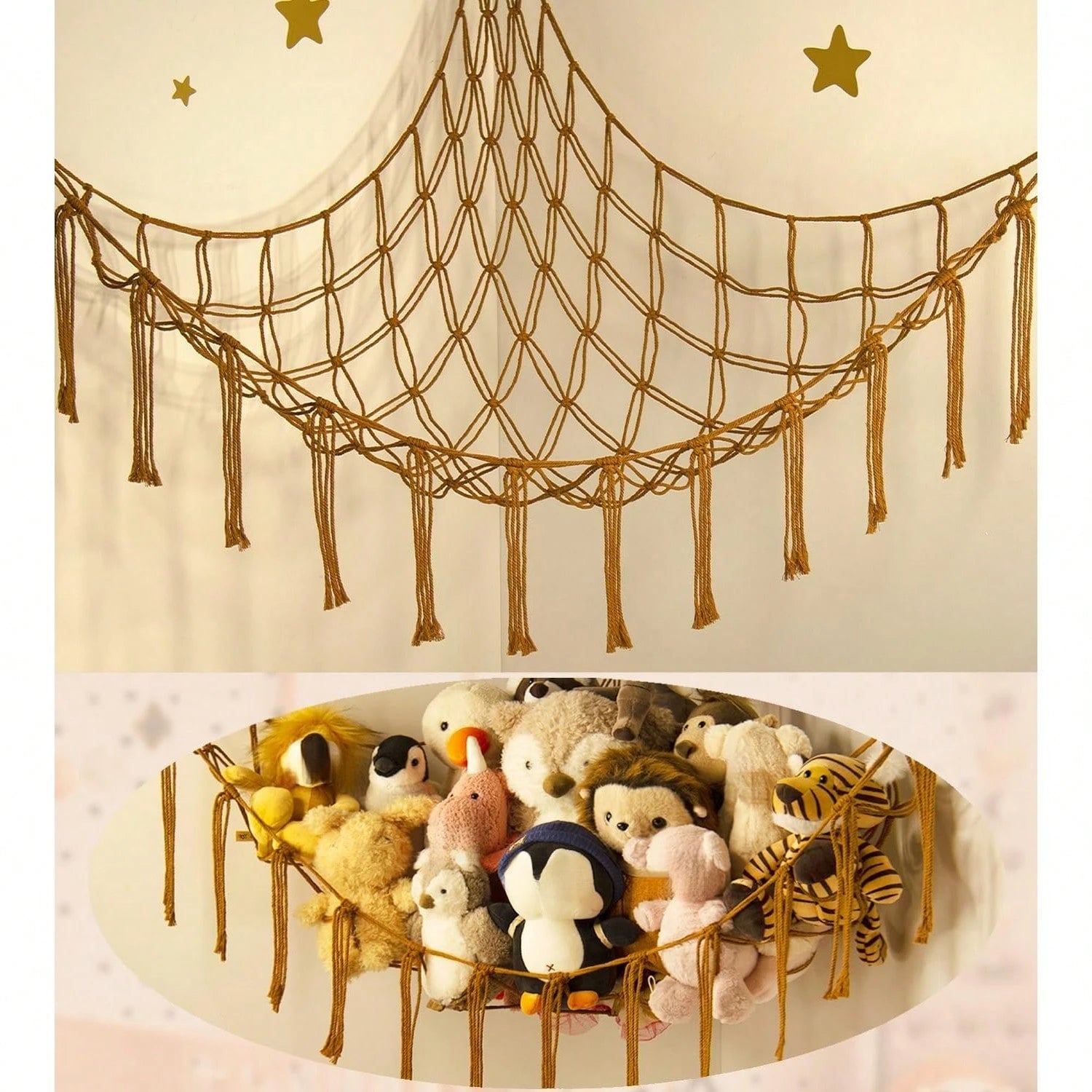 Stuffed Animal Storage Macrame Hammock, Large- Boho Room Decor Toy Storage- Corner Hanging Plushie Stuffed Animal Net Organizer