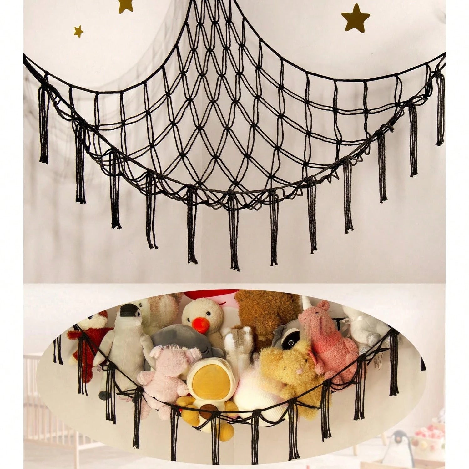 Stuffed Animal Storage Macrame Hammock, Large- Boho Room Decor Toy Storage- Corner Hanging Plushie Stuffed Animal Net Organizer