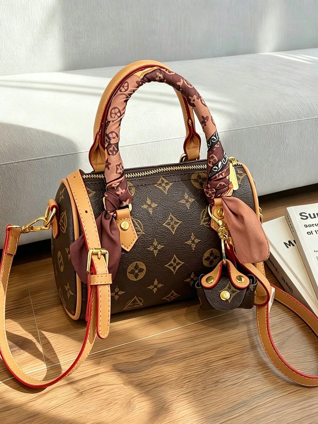 Stylish Coffee Apricot PU Women Bag With Detachable Strap & Pendant, Random Color Scarf, Perfect Gift For All Occasions