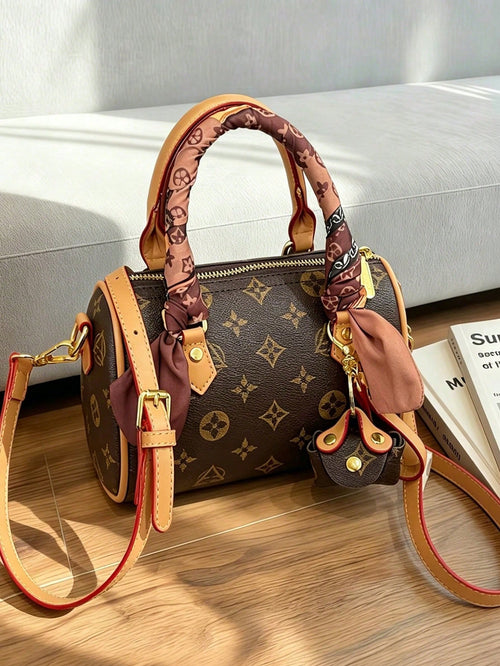 Stylish Coffee Apricot PU Women Bag With Detachable Strap & Pendant, Random Color Scarf, Perfect Gift For All Occasions