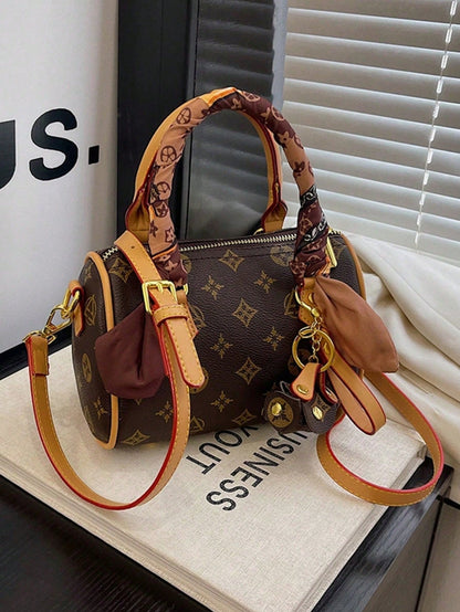 Stylish Coffee Apricot PU Women Bag With Detachable Strap & Pendant, Random Color Scarf, Perfect Gift For All Occasions