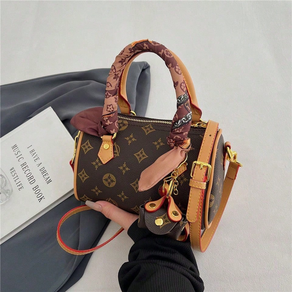 Stylish Coffee Apricot PU Women Bag With Detachable Strap & Pendant, Random Color Scarf, Perfect Gift For All Occasions