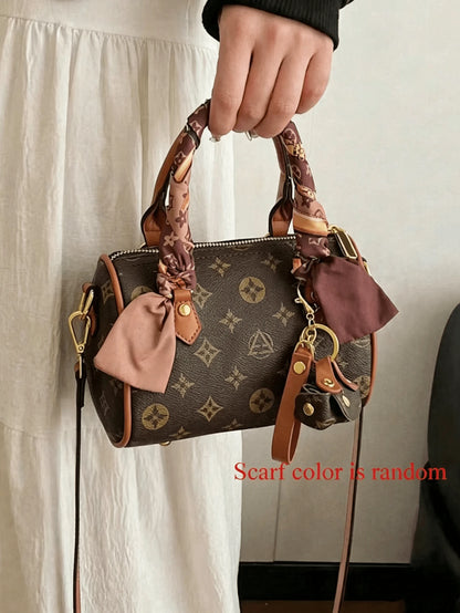 Stylish Coffee Apricot PU Women Bag With Detachable Strap & Pendant, Random Color Scarf, Perfect Gift For All Occasions