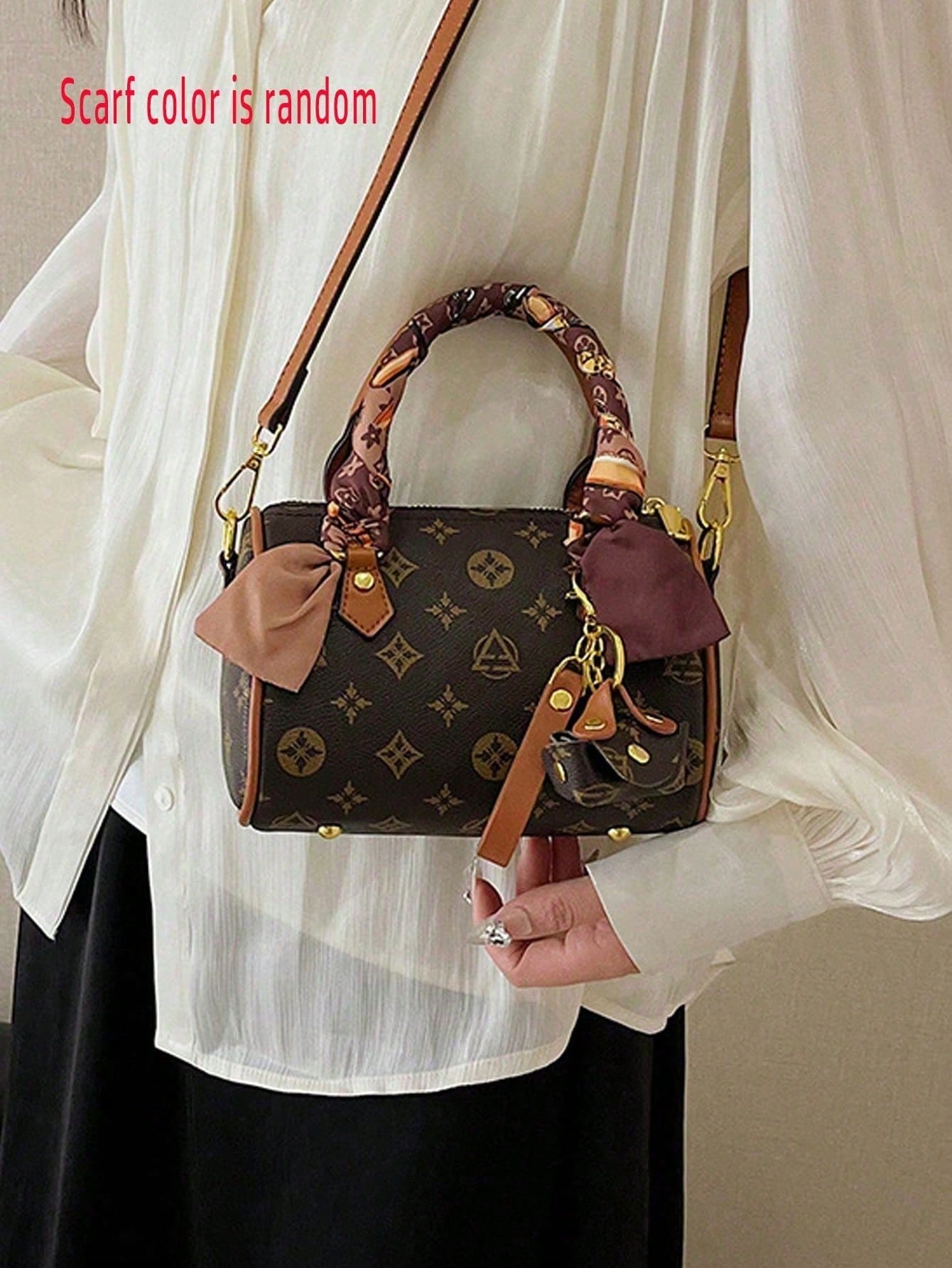 Stylish Coffee Apricot PU Women Bag With Detachable Strap & Pendant, Random Color Scarf, Perfect Gift For All Occasions