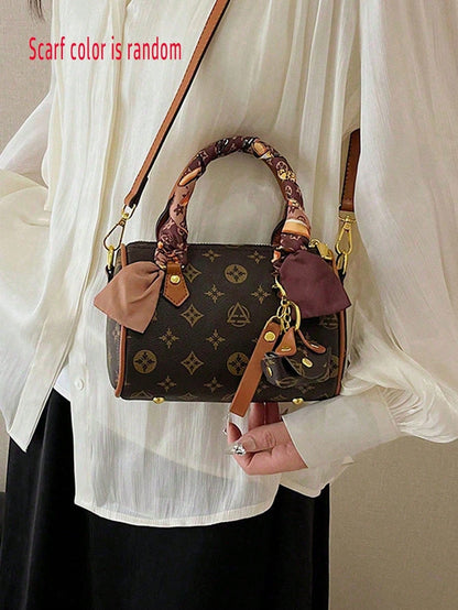 Stylish Coffee Apricot PU Women Bag With Detachable Strap & Pendant, Random Color Scarf, Perfect Gift For All Occasions