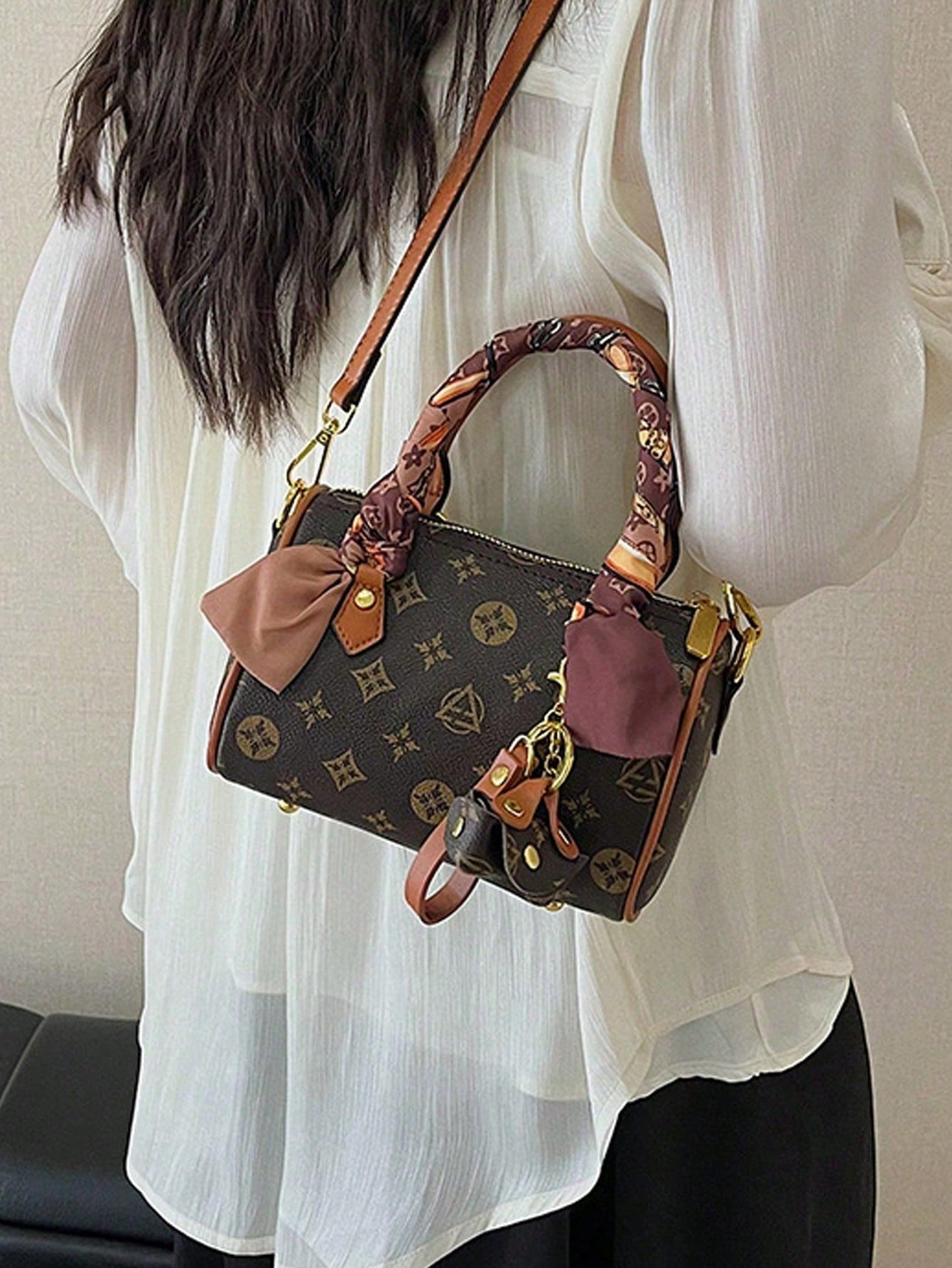 Stylish Coffee Apricot PU Women Bag With Detachable Strap & Pendant, Random Color Scarf, Perfect Gift For All Occasions
