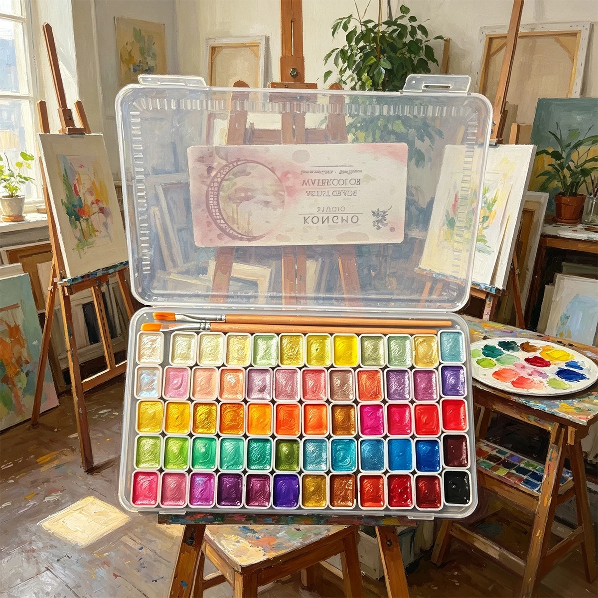 Suitable For Professional Artistic Use. 60-Color Solid Pearlescent Watercolor Set. Fine Texture, Even Coloring. Portable, Durable, Stylish. Ideal Gift For Doodling, Painting, And Daily DIY Projects.