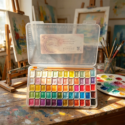 Suitable For Professional Artistic Use. 60-Color Solid Pearlescent Watercolor Set. Fine Texture, Even Coloring. Portable, Durable, Stylish. Ideal Gift For Doodling, Painting, And Daily DIY Projects.